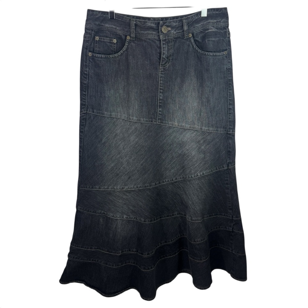 DKNY Y2K Denim Maxi Skirt Paneled Zig Zag Ruffle Mermaid Flare Boho Women's 12